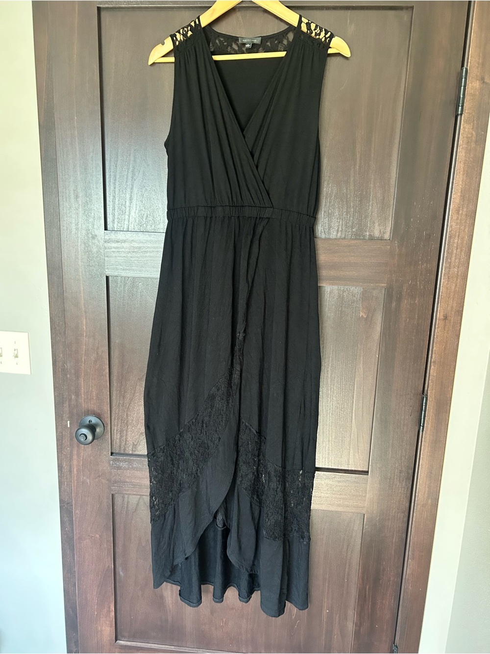Spense Black Faux Wrap High-Low Dress with Lace Insets